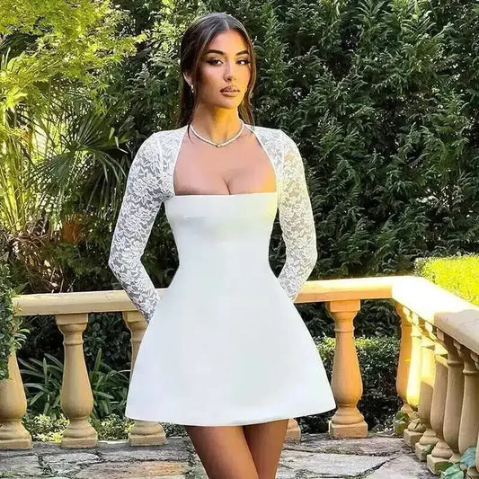 فستان قصير مثير بأكمام طويلة وبدون ظهر، فستان قصير مثير بأكمام طويلة