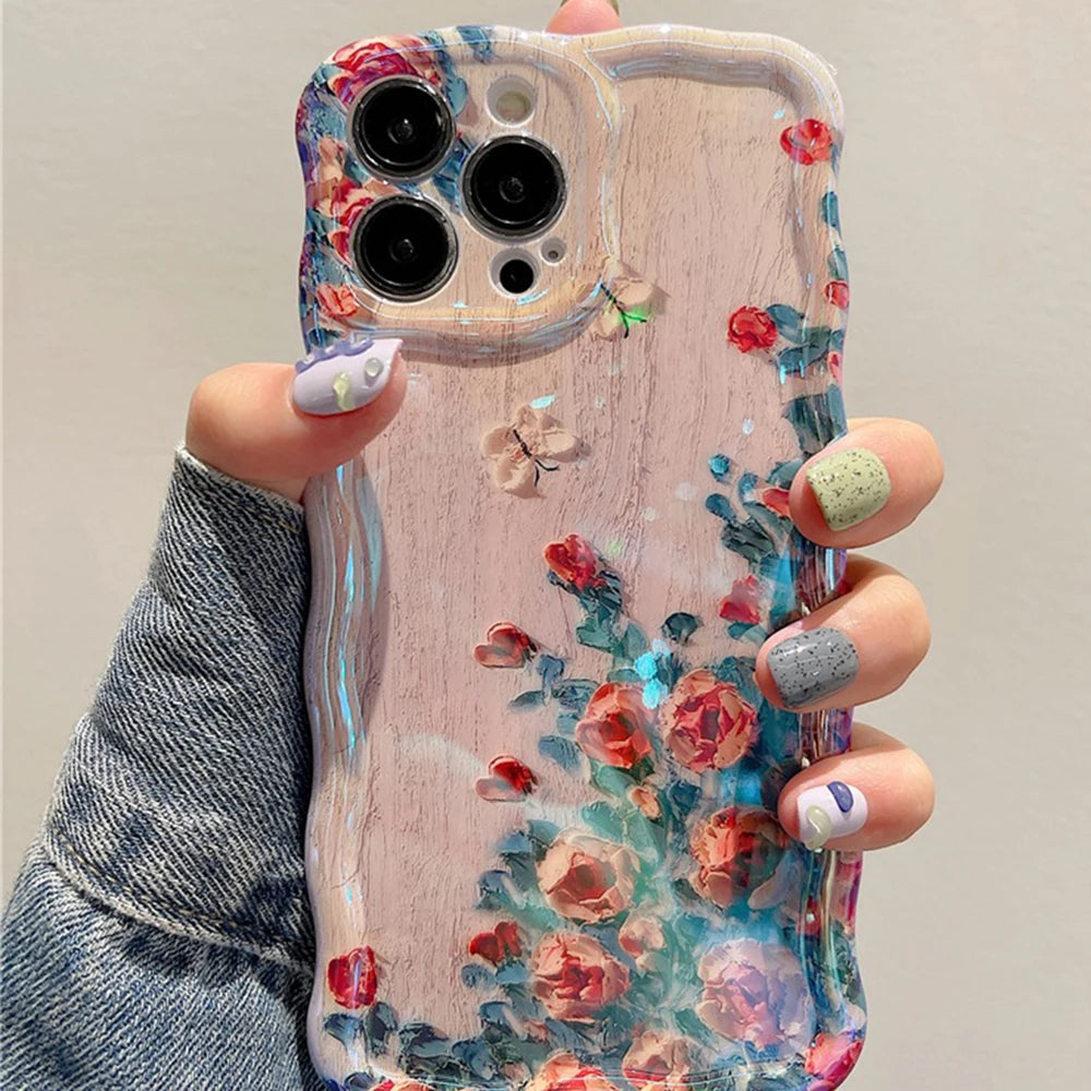 Retro Oil Painting Phone Case For iPhone ProMax Flower Print Silicone Cover