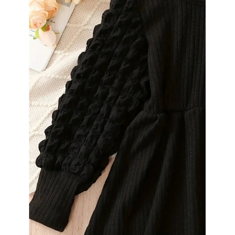 Black Corduroy round Neck Bubble Sleeves Princess Dress
