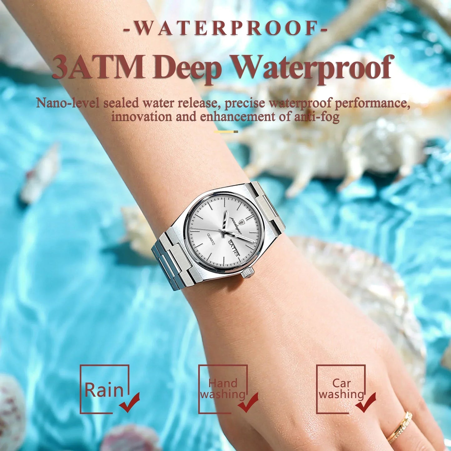 Silver stainless steel waterproof wristwatch on wrist by pool, 3ATM deep waterproof rating