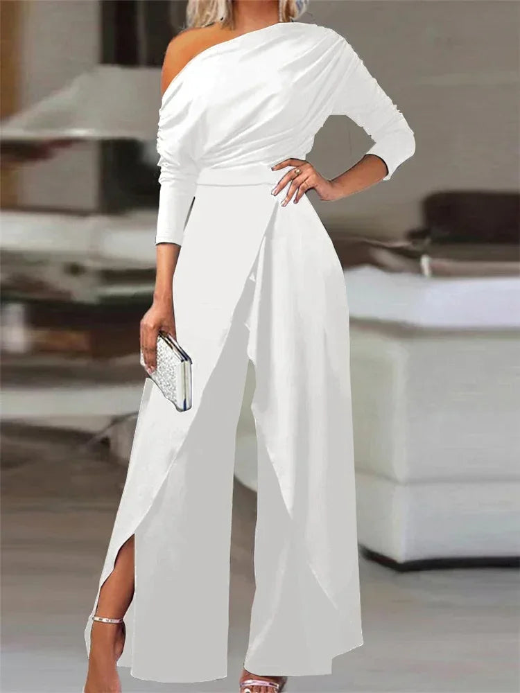 Elegant Loose Ruched Cold Shoulder Wide Leg Jumpsuit