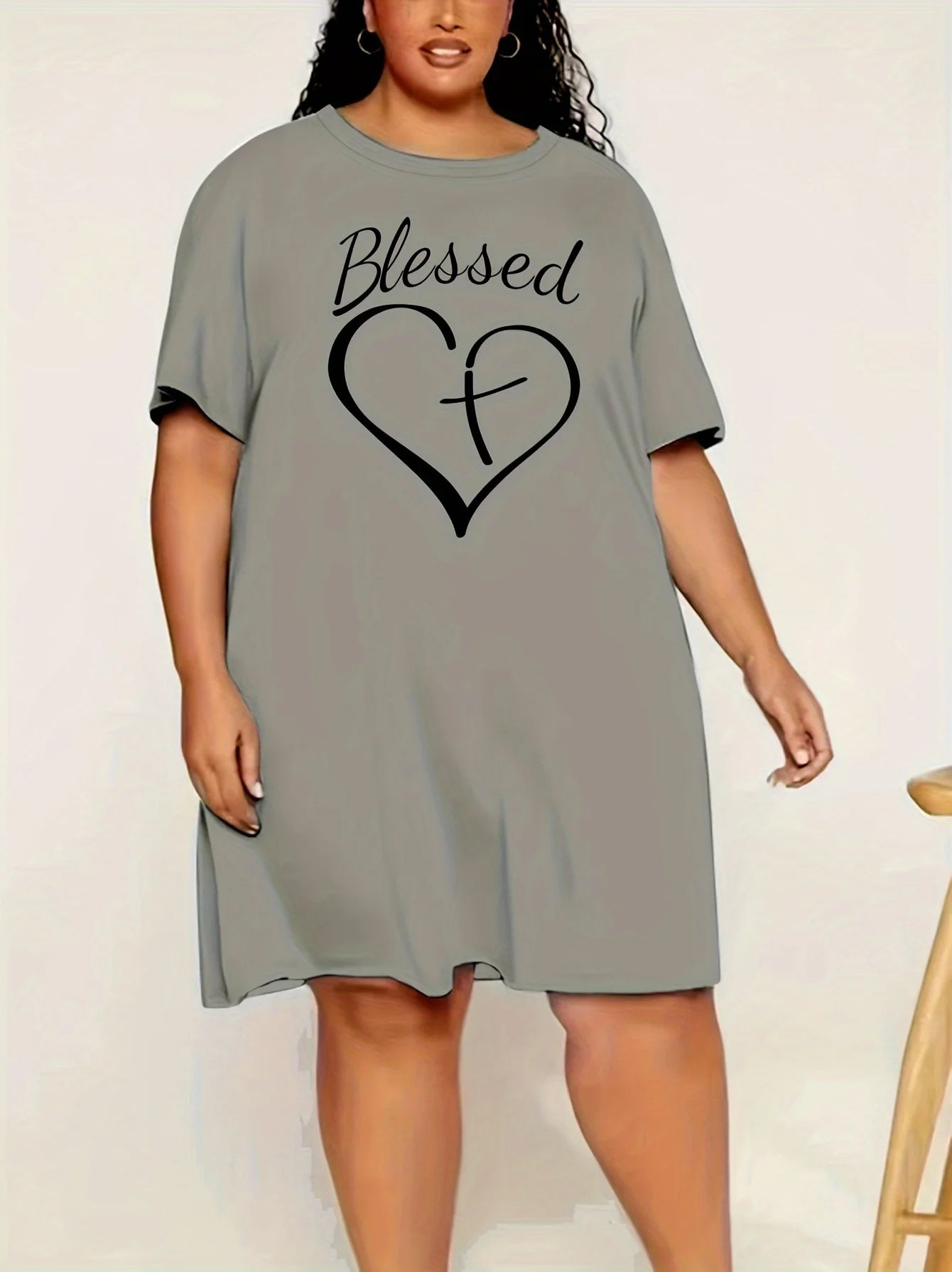 Plus Size Nightgown 3D Printed Heart Short Sleeve Long Tops Micro Stretch Dresses