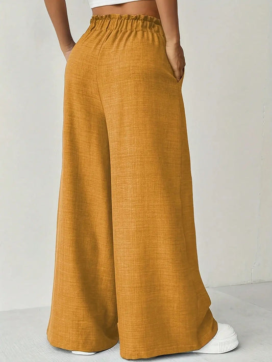 Versatile Solid Color High Waist Slim Fit Wide Leg Pants