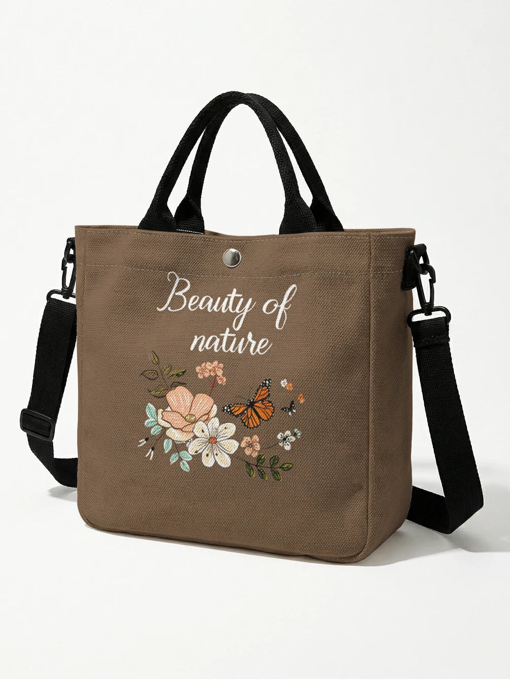 Floral Butterfly Letter Print Brown Canvas Tote Bag