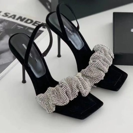 PU High Heels Square Toe 7 Cm Rhinestone Pumps Bling Shoes
