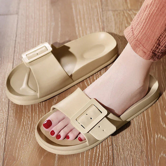 Flat Slides With Adjustable Buckle House Slippers