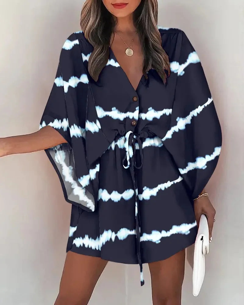 Sexy Bat Sleeve Ruffl Flowers Bohemian Mini Dress