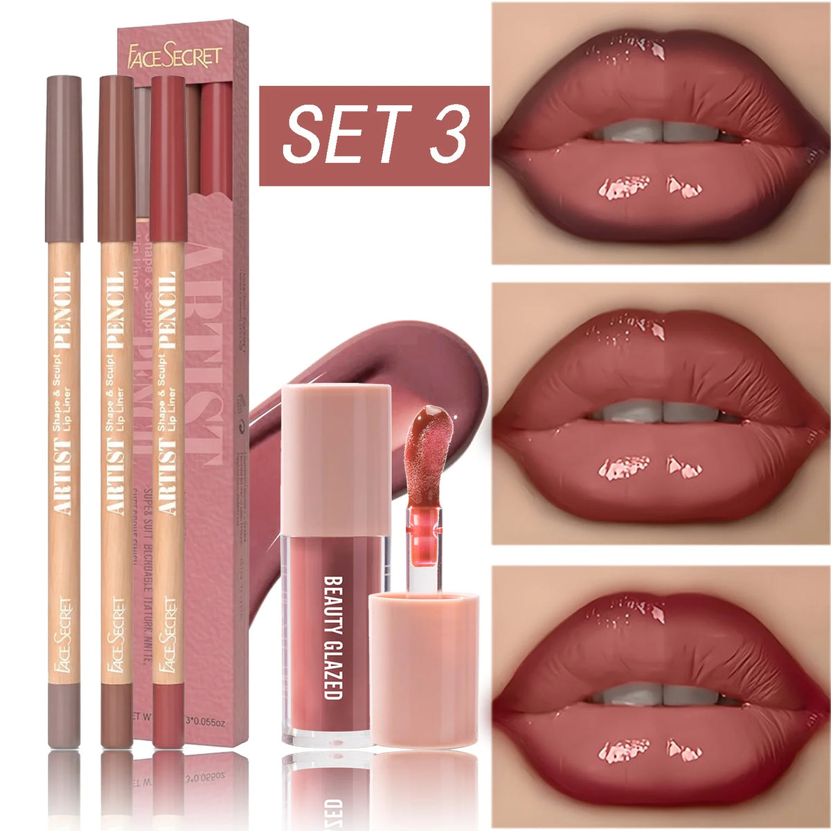 4Pcs Lip Liner & Lip Gloss Set Waterproof Long-lasting