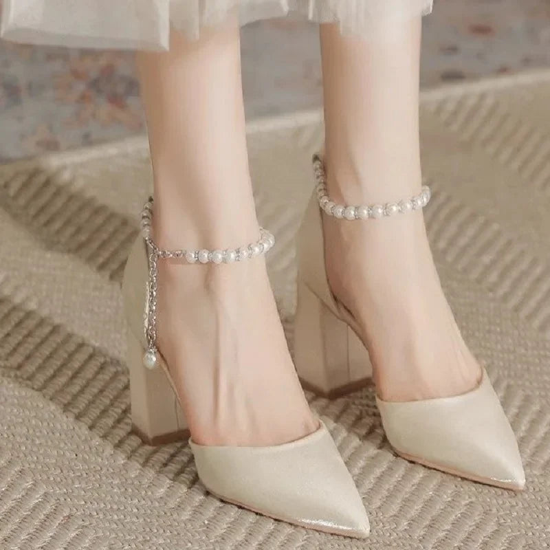 Elegant Pearl Satin Chunky Low Heel Shoes