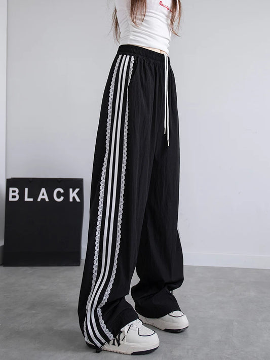Korean Lace Patchwork Side Stripe Webbing Wide-Leg Pants