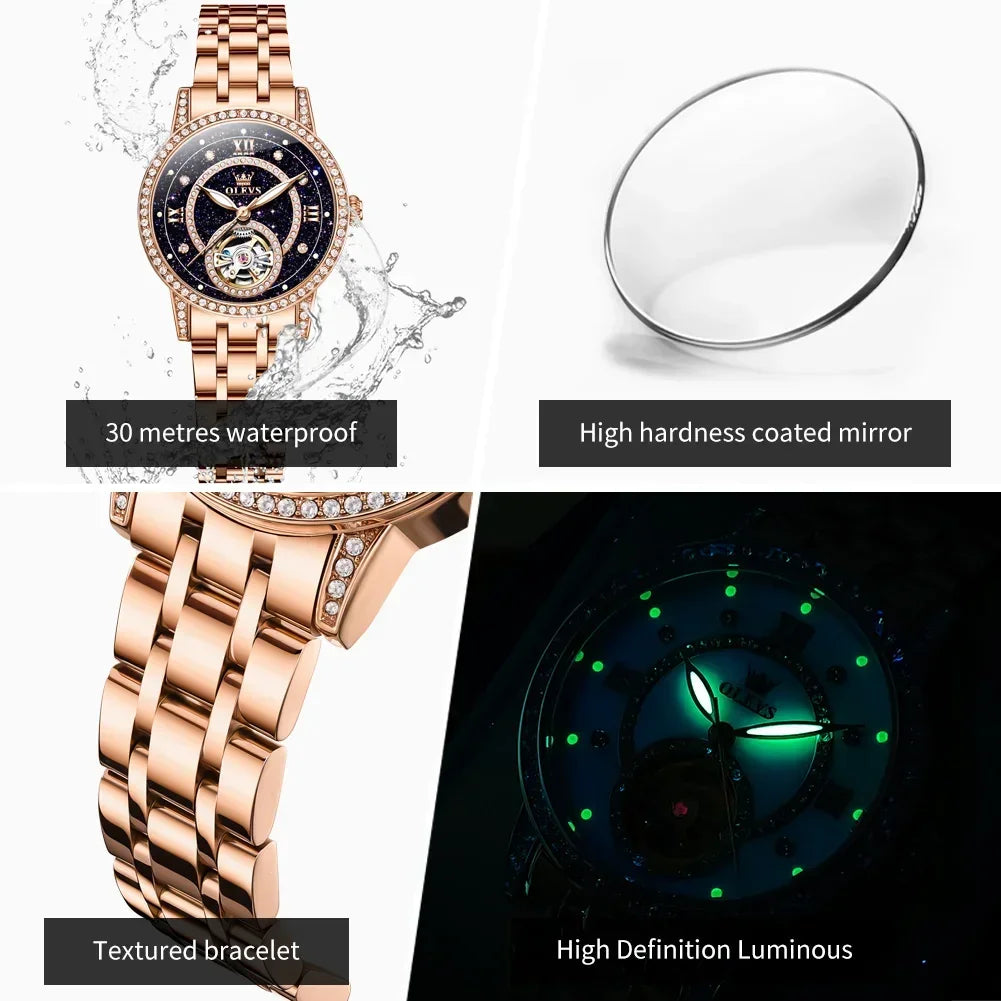 Elegant rose gold women's wristwatch with waterproof design, textured bracelet, high hardness mirror, and luminous dial.