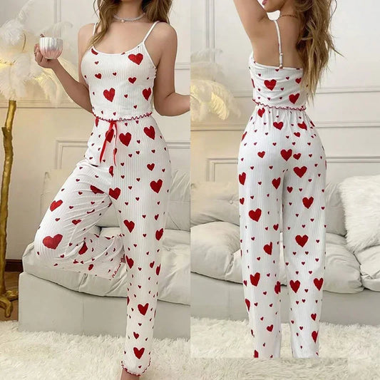 Sleepwear Heart Print Sleeveless Sexy Lingerie Pyjamas