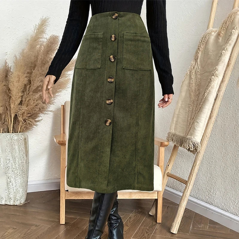 Vintage Green High Waist Button Up Pocket Midi Long Skirts