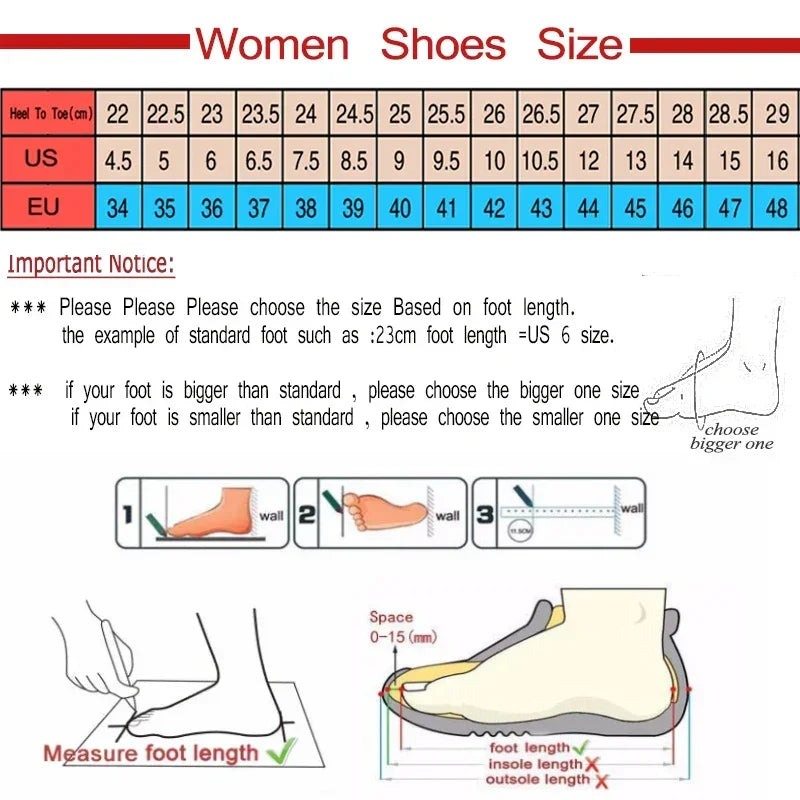 Women's shoe size chart with foot length in cm, US, and EU sizes, plus foot measurement guide.