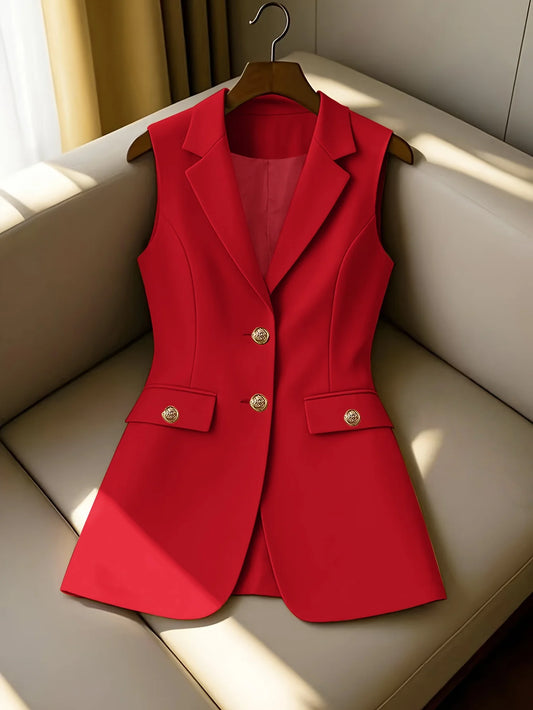 Longline Sleeveless Notched Lapel Suit Waistcoat Blazer Vest