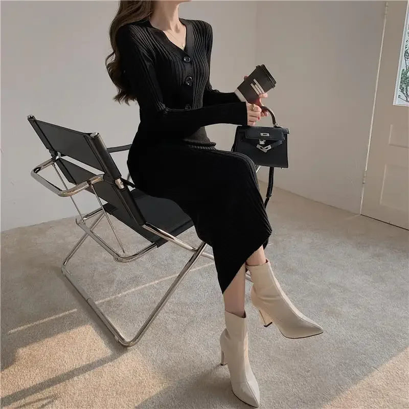 Elegant Long Slim Sweater Elastic Waist Hip Bottoming Korean Bodycon Dress