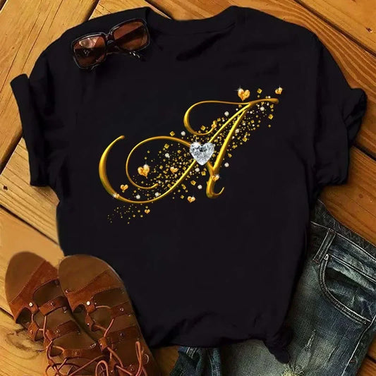 Custom Letter Combination Diamond Gold Letter T-shirt