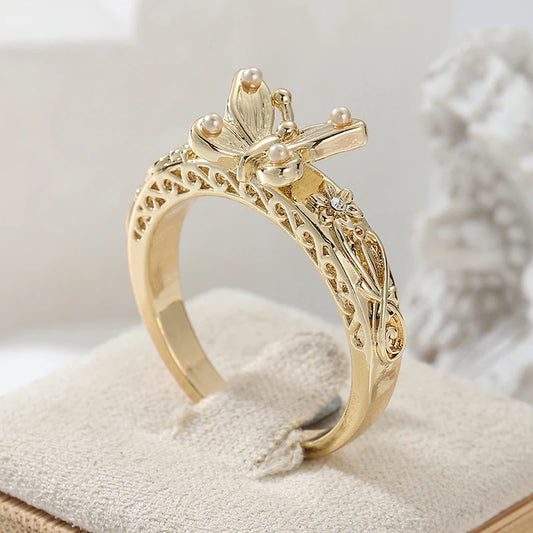 Gorgeous Hand Carved Butterfly Flower Gold Metal Geometry Rings