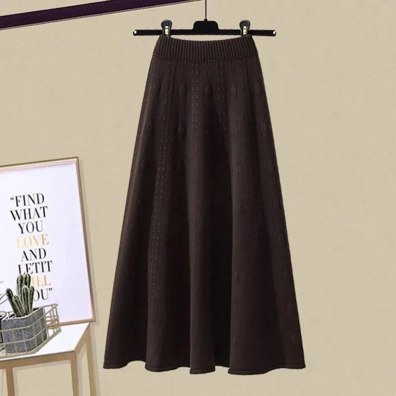 Autumn Winter Knitting Long Elegant High Waist Elastic Soft Midi Skirts