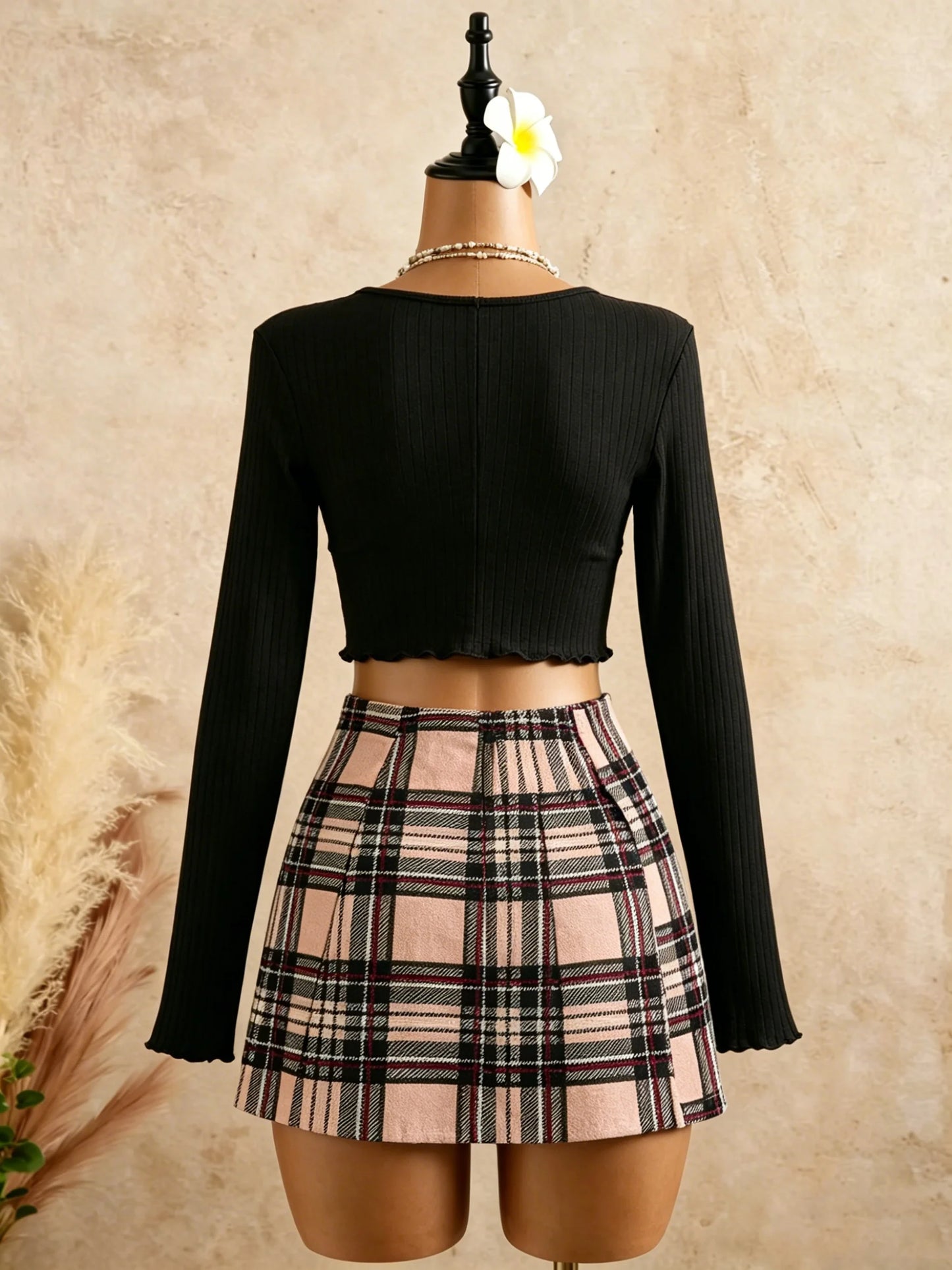 Black Wrap V Neck Ruffle Hem Ribbed Long Sleeve Outfit Slim Set
