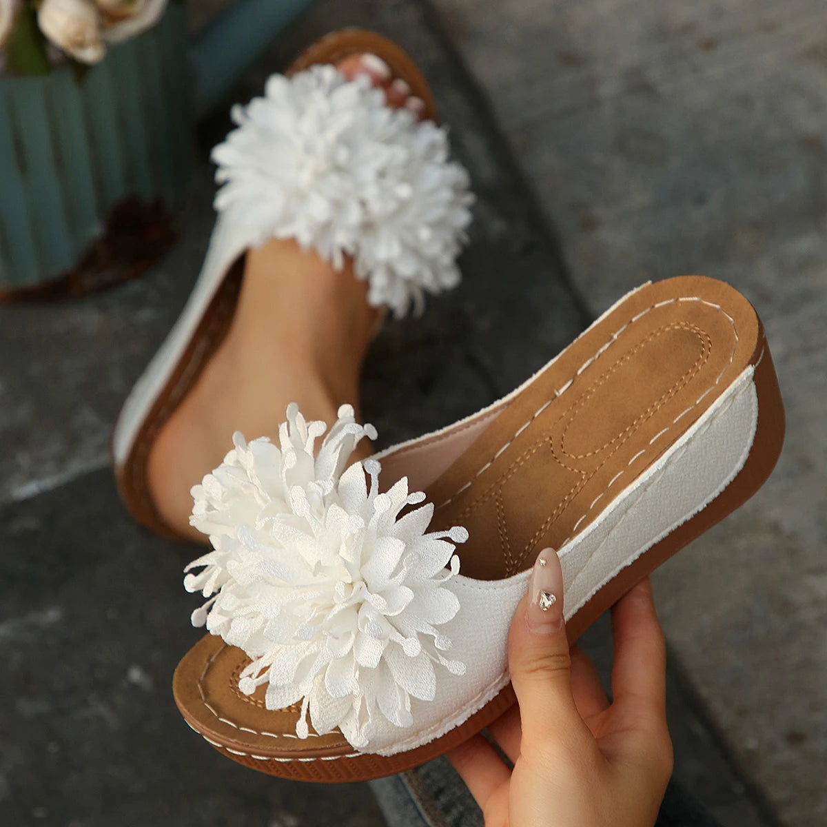 Flower Decoration Wedge Open Toe Slip Sole Sandals