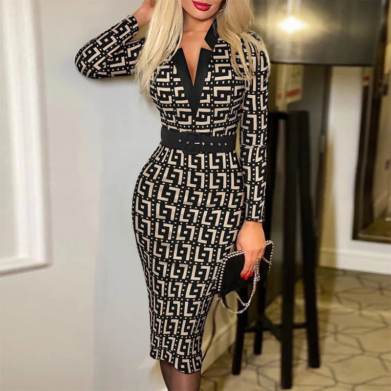 Sexy Geometric Midi Long Sleeve Dress