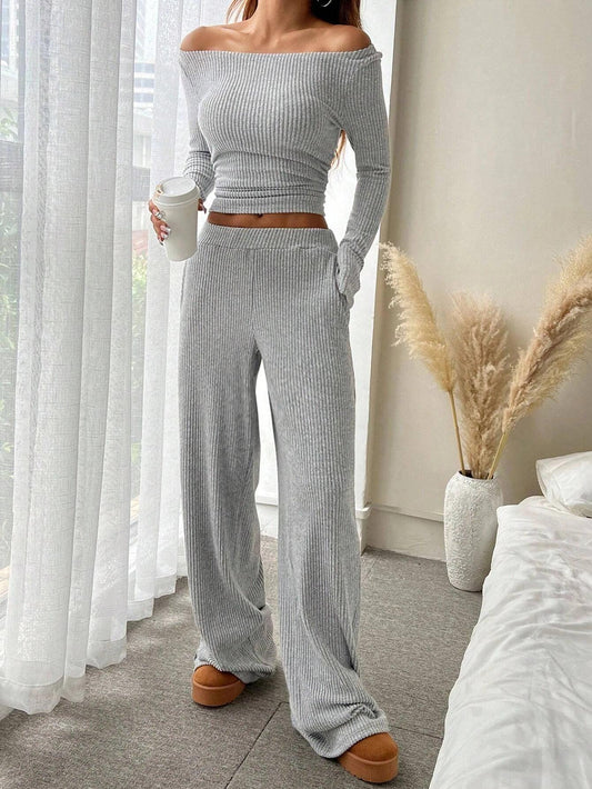 Ribbed Loose-Fit Crew-Neck Top and Pocketed Wide-Leg Pants Set