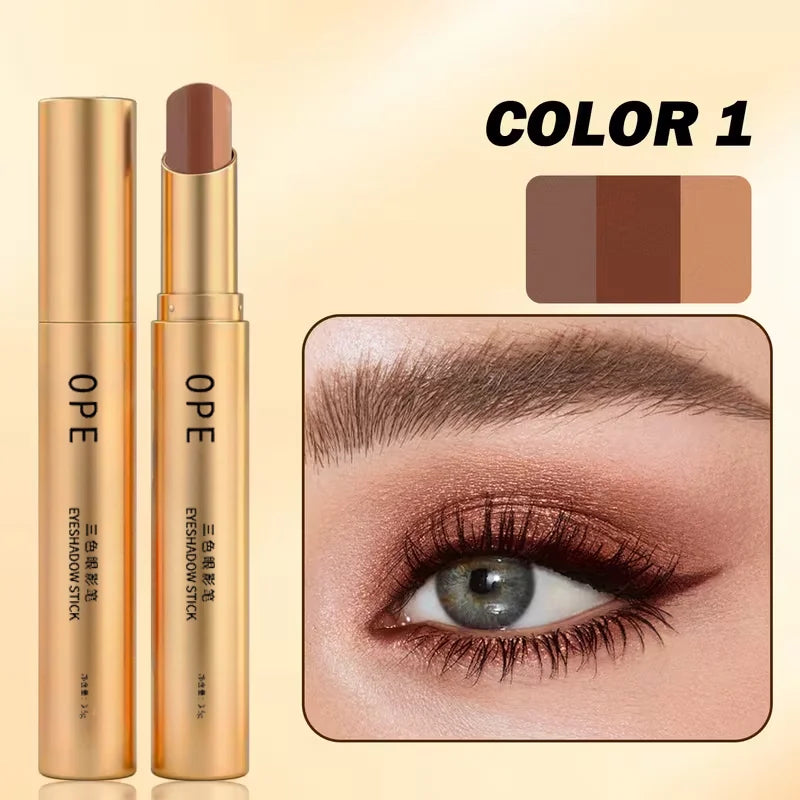 Three-Color Eyeshadow Stick Shimmering Highlighter Eyeshadow Stick Waterproof and Long-Lasting Pearlescent Metallic Eyeshadow