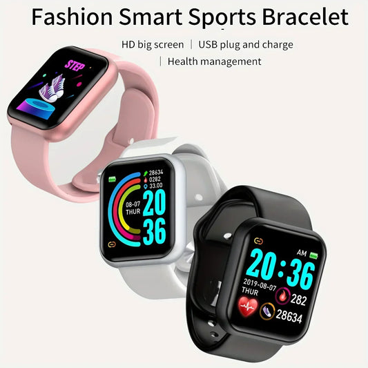 Three modern smart sports bracelets with color touchscreens in pink, white, and black bands