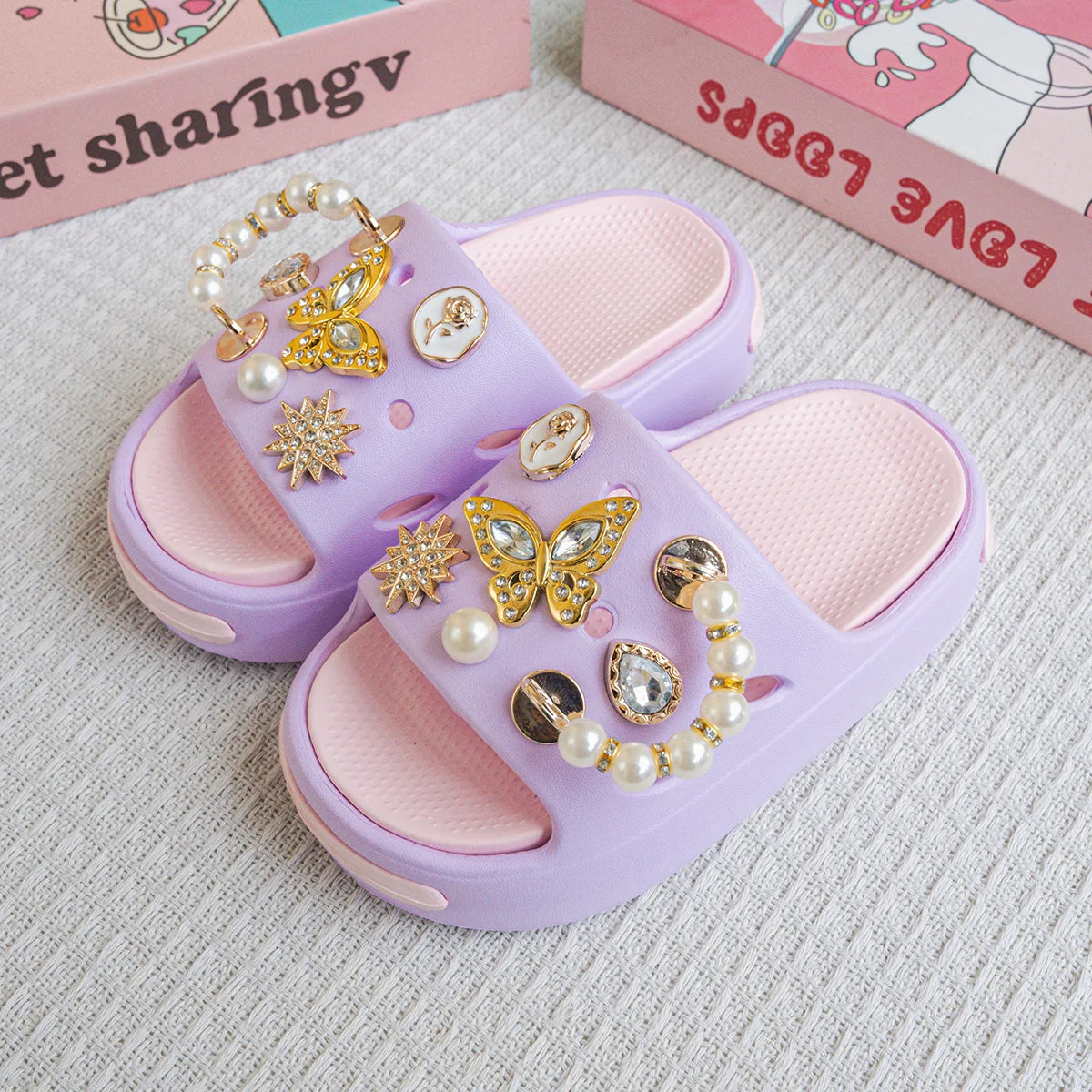 Cartoon Pearl Gold Butterfly Versatile Girls' Eva Slippers