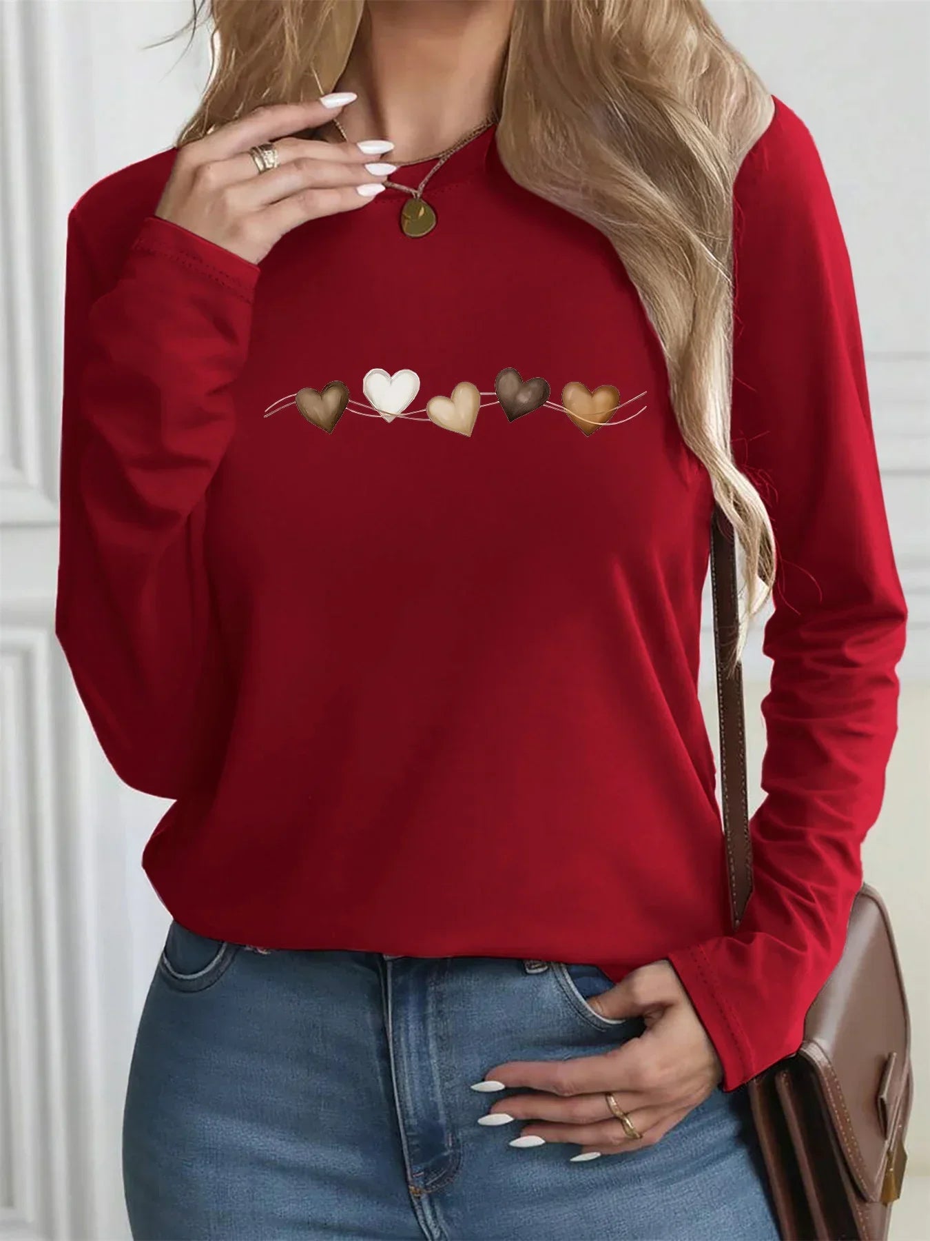 تيشيرت كاجوال قطني 100% بأكمام طويلة على شكل قلب