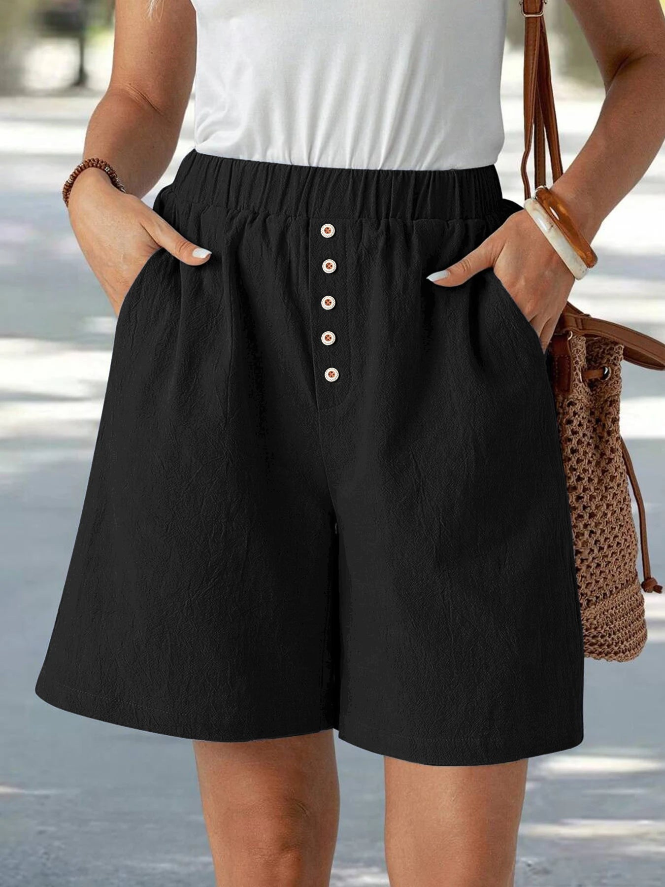 Summer Casual Loose Pocket Buttoned Linen Shorts