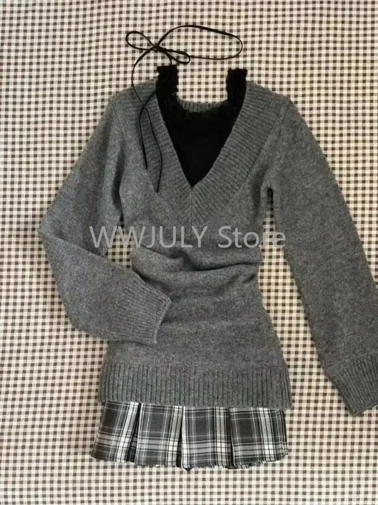 Suéter de cuello en V coqueto, manga larga, estilo pullover