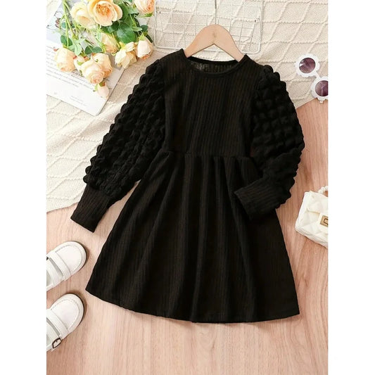Black Corduroy round Neck Bubble Sleeves Princess Dress