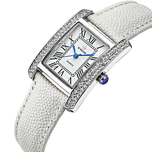 Elegantes relojes de cuarzo con correa de cuero y diamantes cuadrados