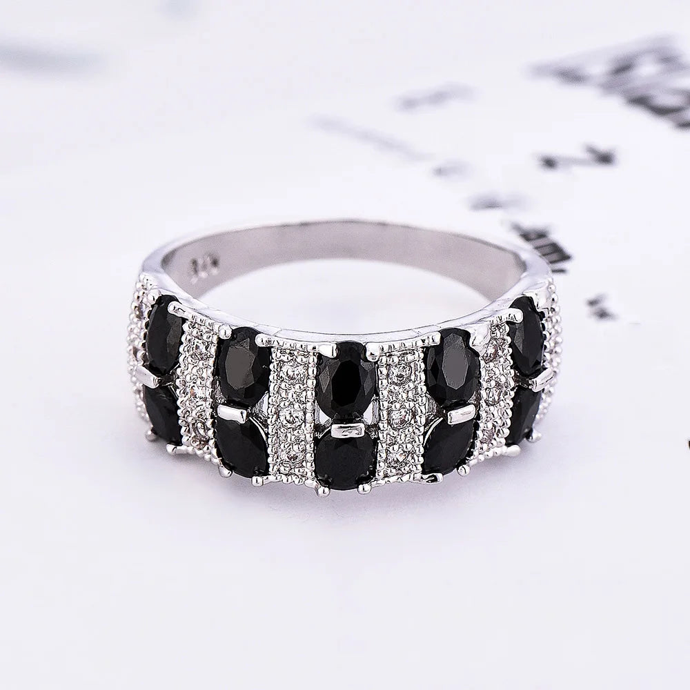 Retro Elegant 925 Sterling Silver Big Black Stripe Crystal Zircon Silver Rings