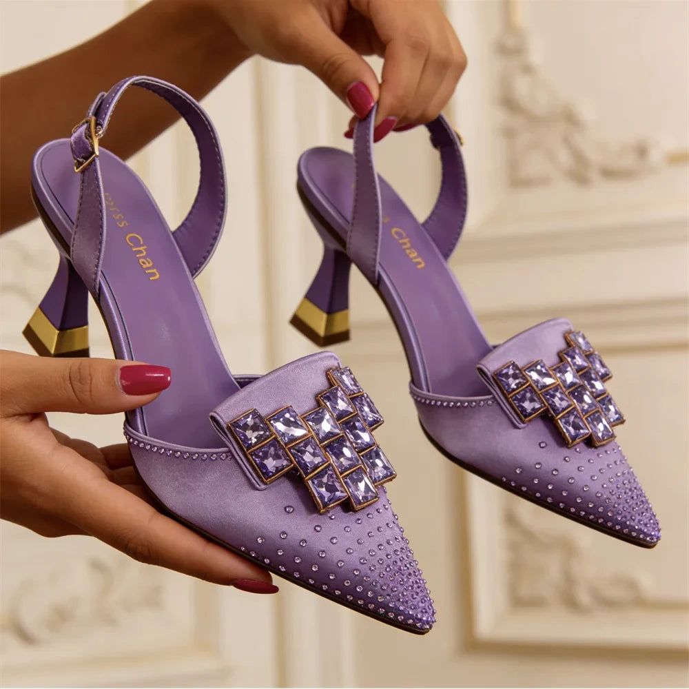 Venus Chan Elegant Green Slingback Heels with Rhinestones Shoes