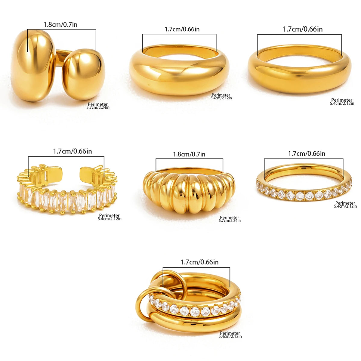 Luxury Stainless Steel 18K PVD Gold Plated Shiny Zircon Stackable Rings