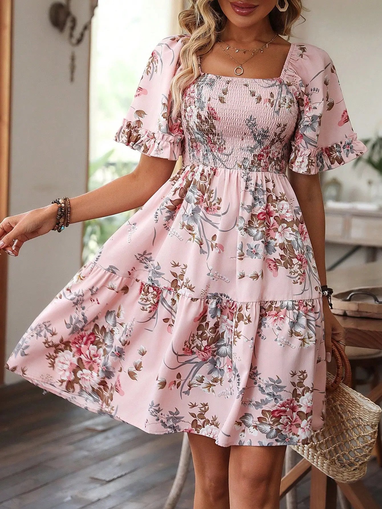 Boho Floral Print Square Neck Smocked Waist Ruffle Mini Dress