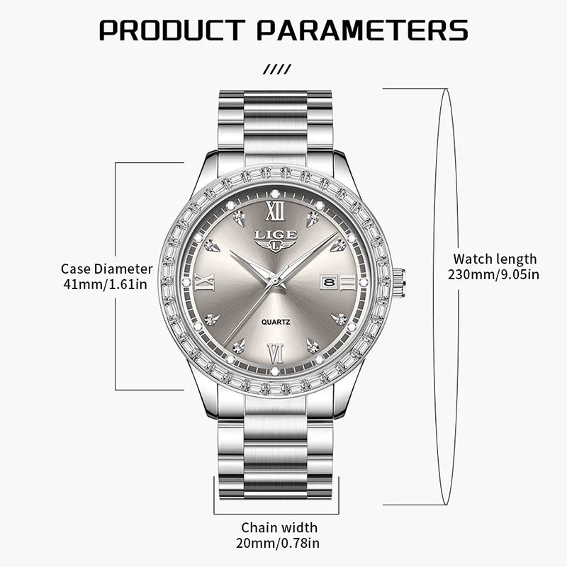 Elegant luminous stainless steel quartz watch