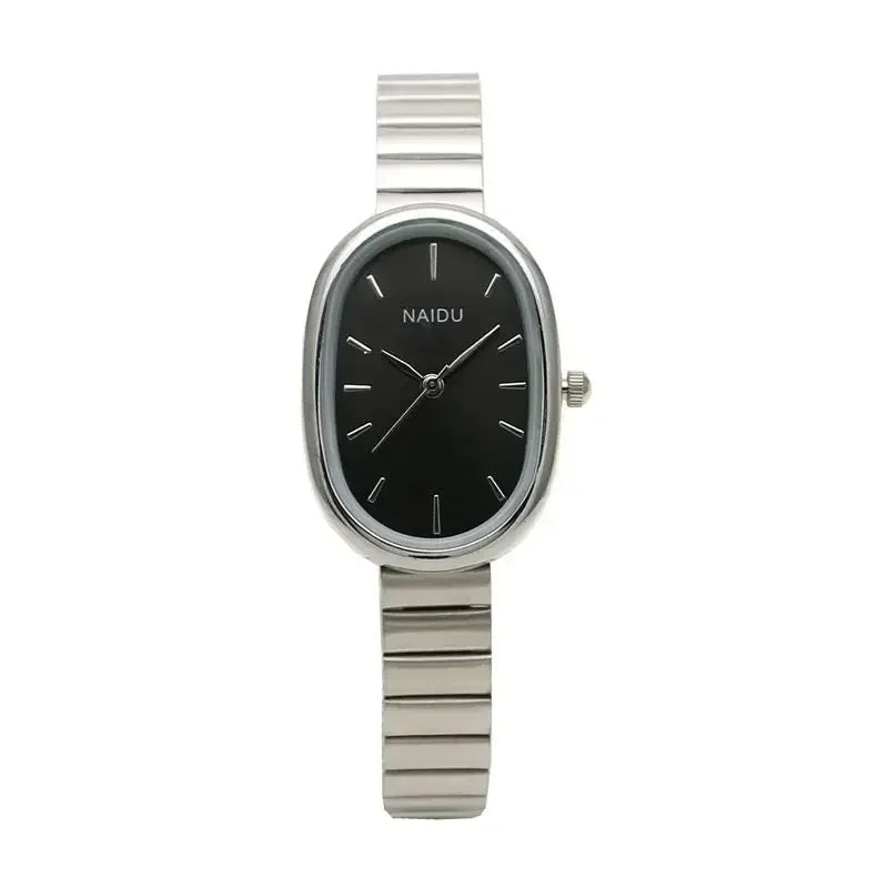Sleek oval black dial NAIDU watch with silver strap, modern fashion accessory from danastors