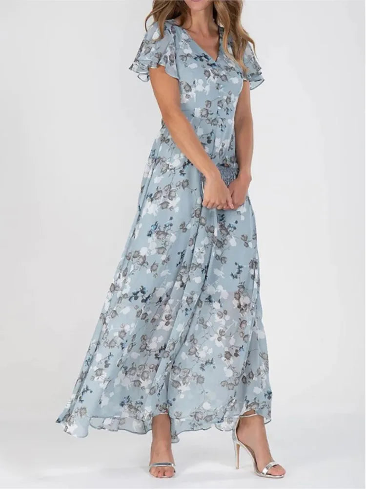 Elegant Flower Long Ruffle Short Sleeve Boho Style High Waist Dress