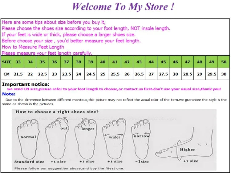 Shoe size chart with centimeter measurements, foot type illustrations, and fitting instructions for danastors online fashion store.