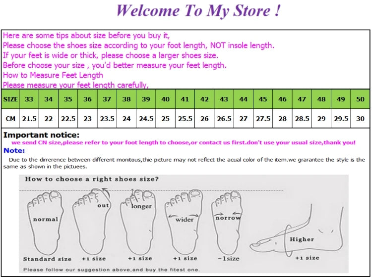 Foot measurement guide with shoe size chart and foot shape illustrations for choosing shoe size.