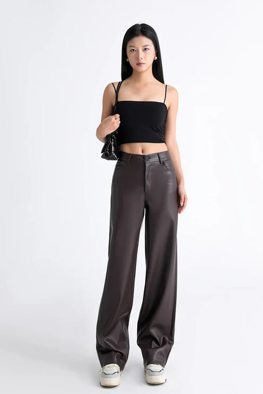 Fall Winter Fleece Loose Wide Leg Leather Pants