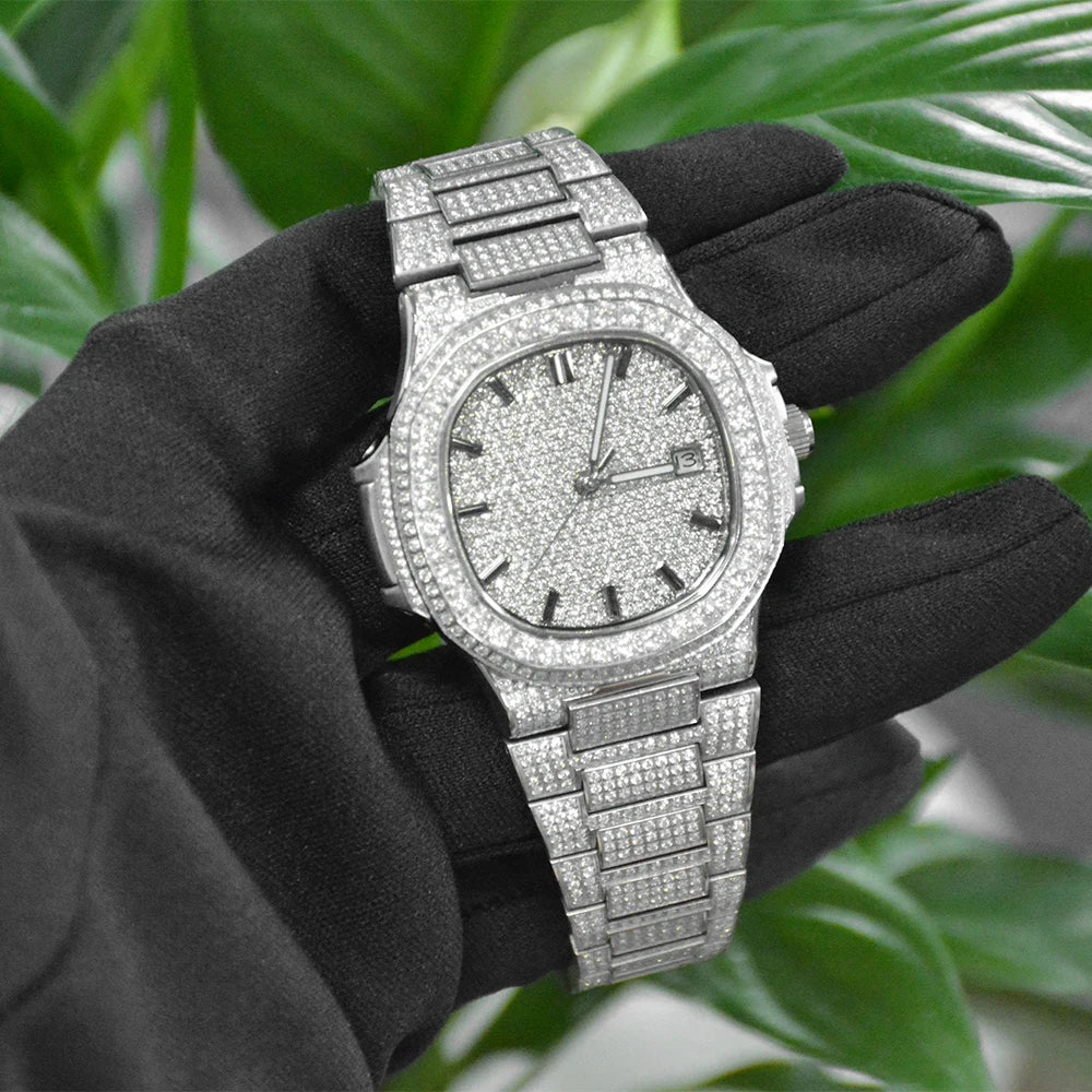 Luxury Diamond Sapphire Glass Steel Mechanical Movement Wristwatch