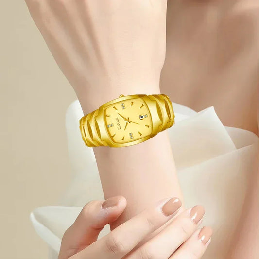 Elegant gold women's wristwatch with diamond markers on a woman's wrist