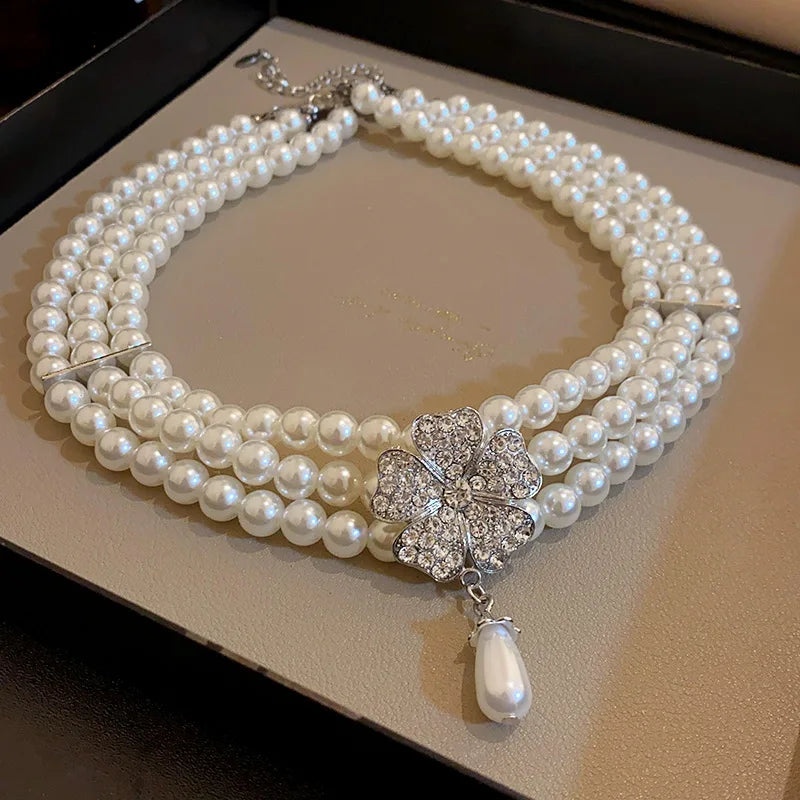 Rhinestone Flower Pearl Necklaces Jewelry Sets