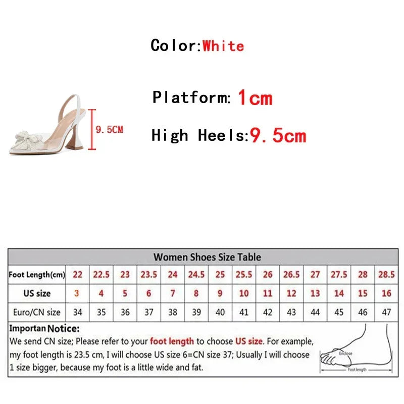 White high heel sandal with 9.5cm heel, 1cm platform, and women's shoe size chart.