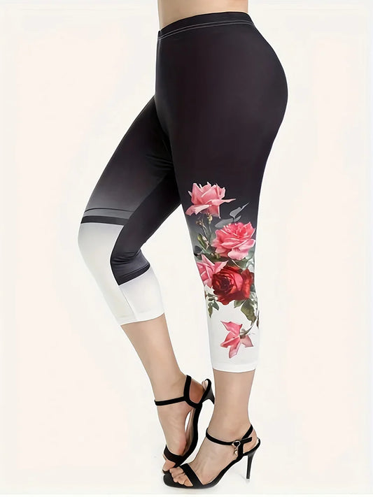 Plus Size Large Casual Rose Flower Print Oversized Slim Fit Set